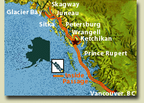 The Inside Passage route.  Ketchikan, Alaksa is the first port of entry into Alaska from the South.  You can get here by Alaska Airlines or the Alaska Marine Highway System.