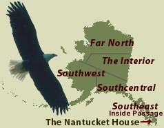 Imagemap with Alaska area links to the Far North, the Interior, Southwest, Southcentral, Southeast, the Inside Passage.